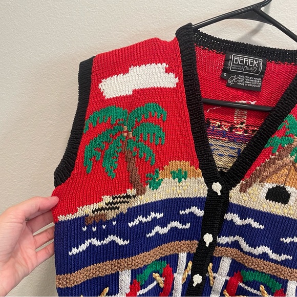 Berek Hand Knitted Vintage Cruise Ship Palm Tree Vacation Sleeves Sweater Vest - Picture 3 of 8